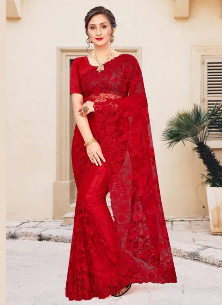 Red Colour NARI ULTIMATE Fancy Party Wear Net Resham Embroidery And Moti Stone Work Saree Collection 892